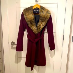 Nasty Gal Burgundy Coat with Faux Fur Collar